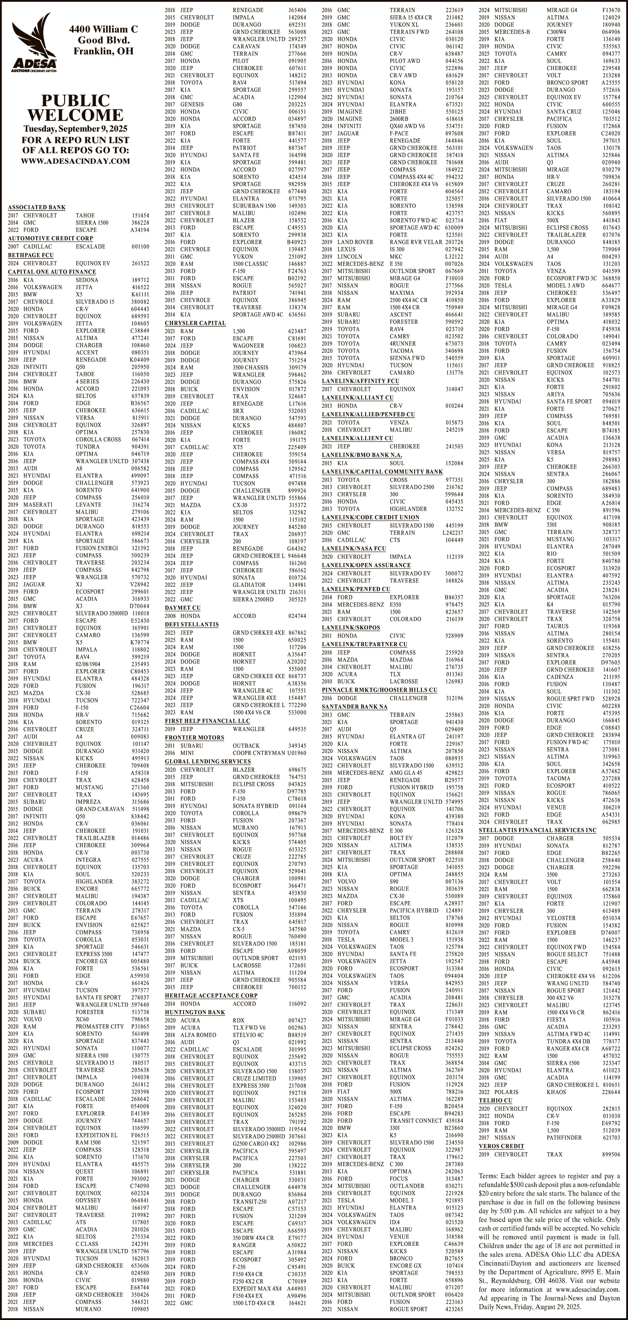 Legal Notice - ADESA SEPTEMBER 9 SALE