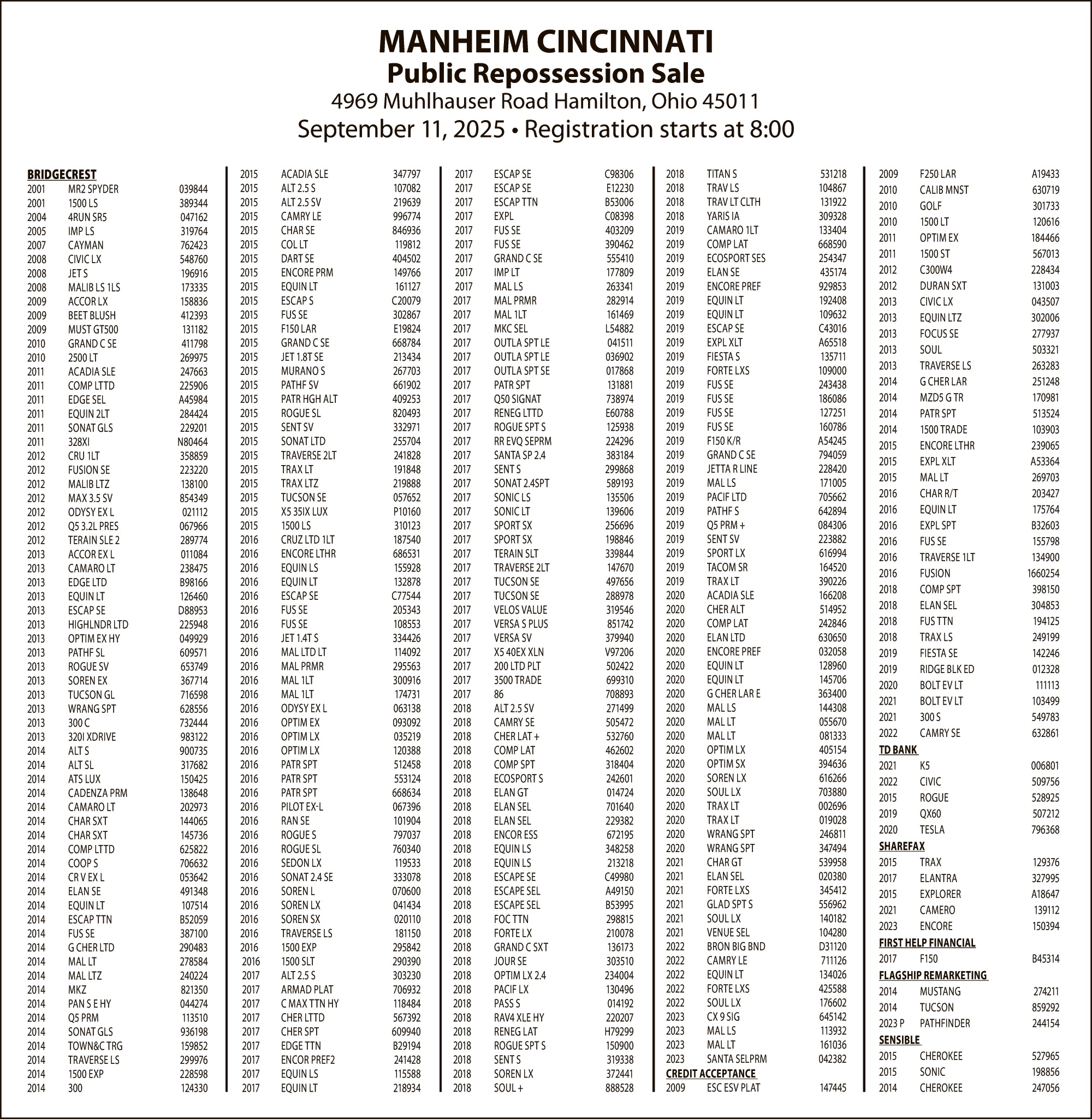 Legal Notice - MANHEIM SEPTEMBER 11 SALE
