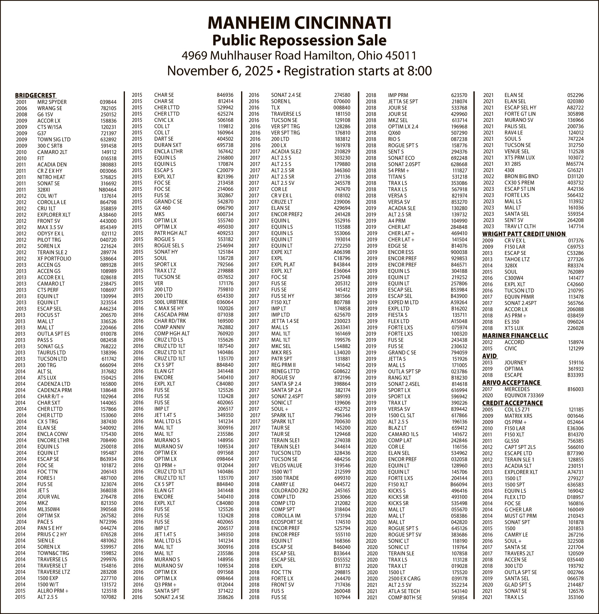 Legal Notice - MANHEIM NOVEMBER 6 SALE