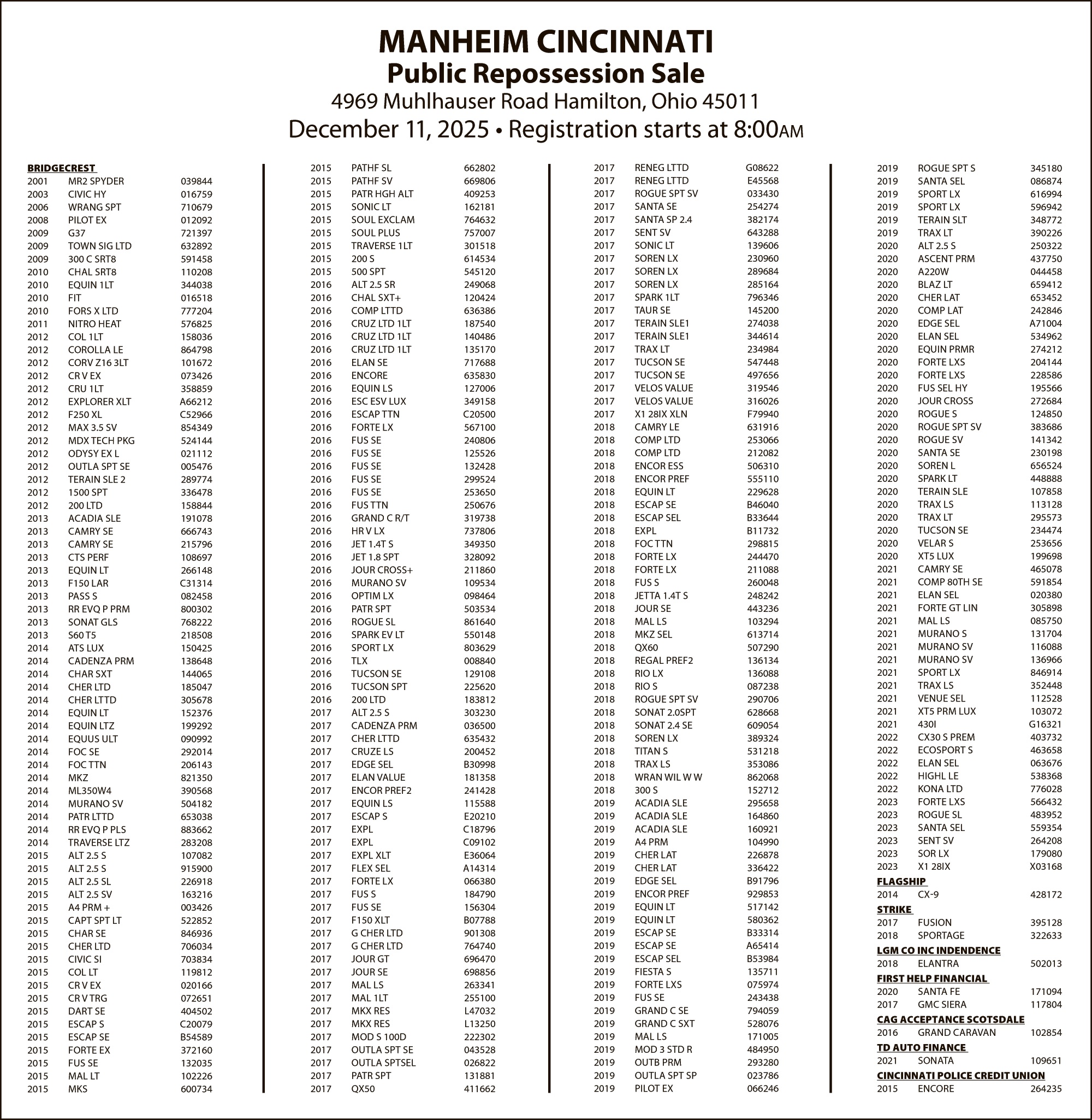 Legal Notice - MANHEIM AUCTION 12-11-25