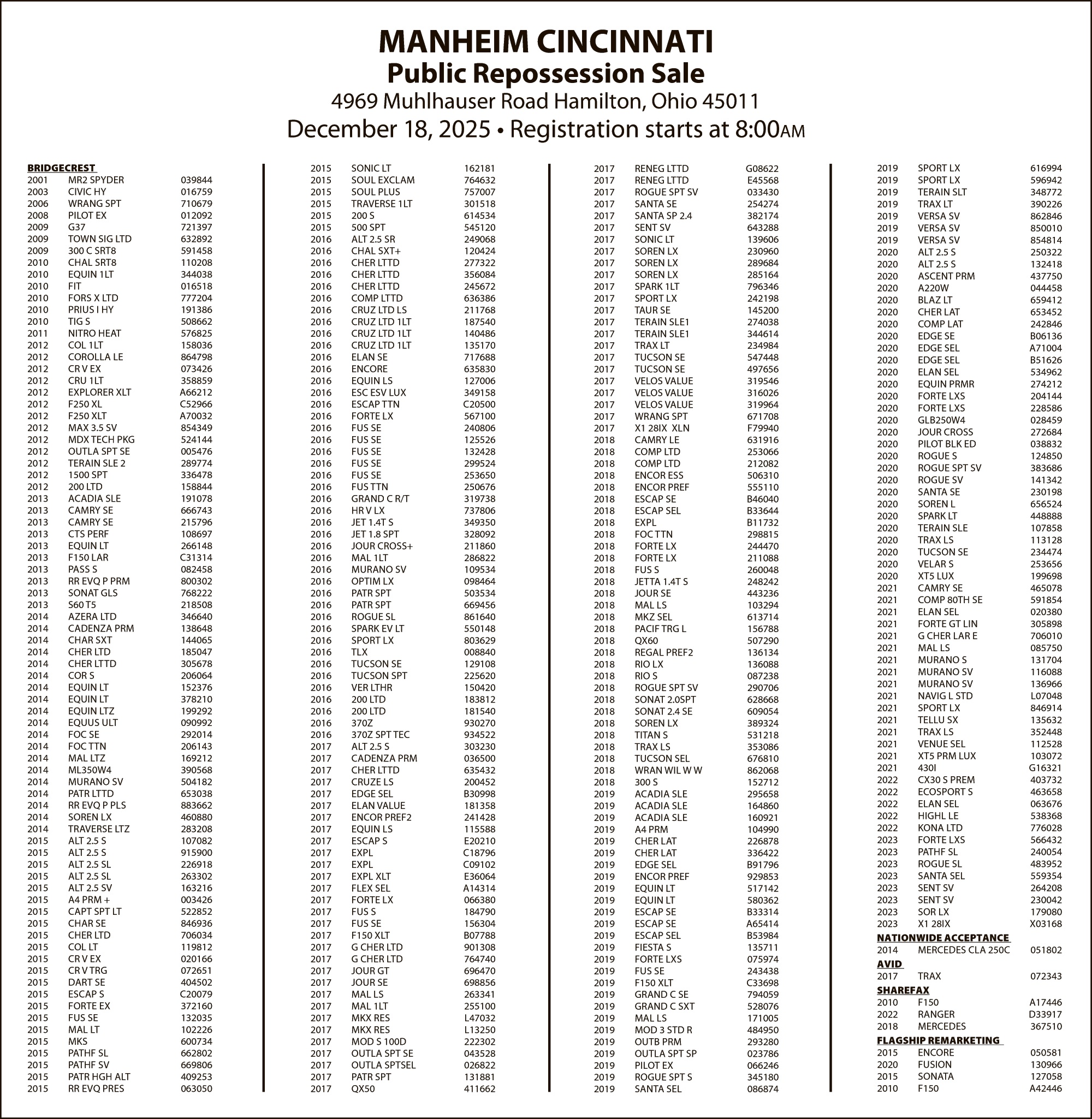 Legal Notice - MANHEIM DECEMBER 18 SALE