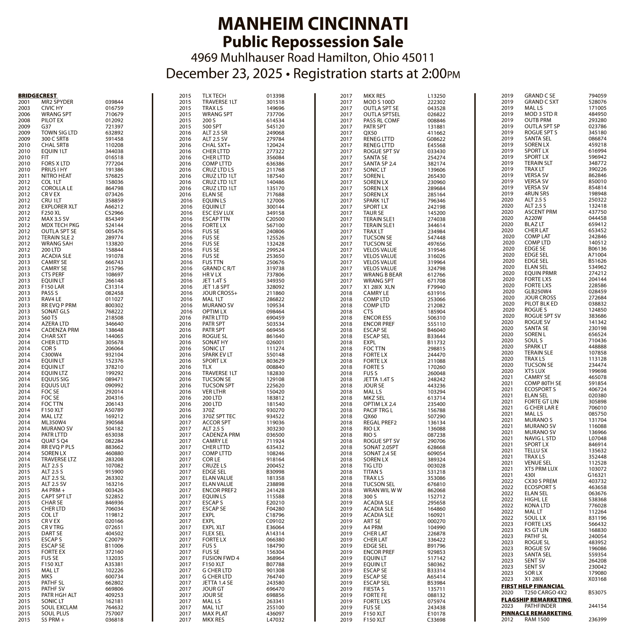 Legal Notice - MANHEIM DECEMBER 23 SALE