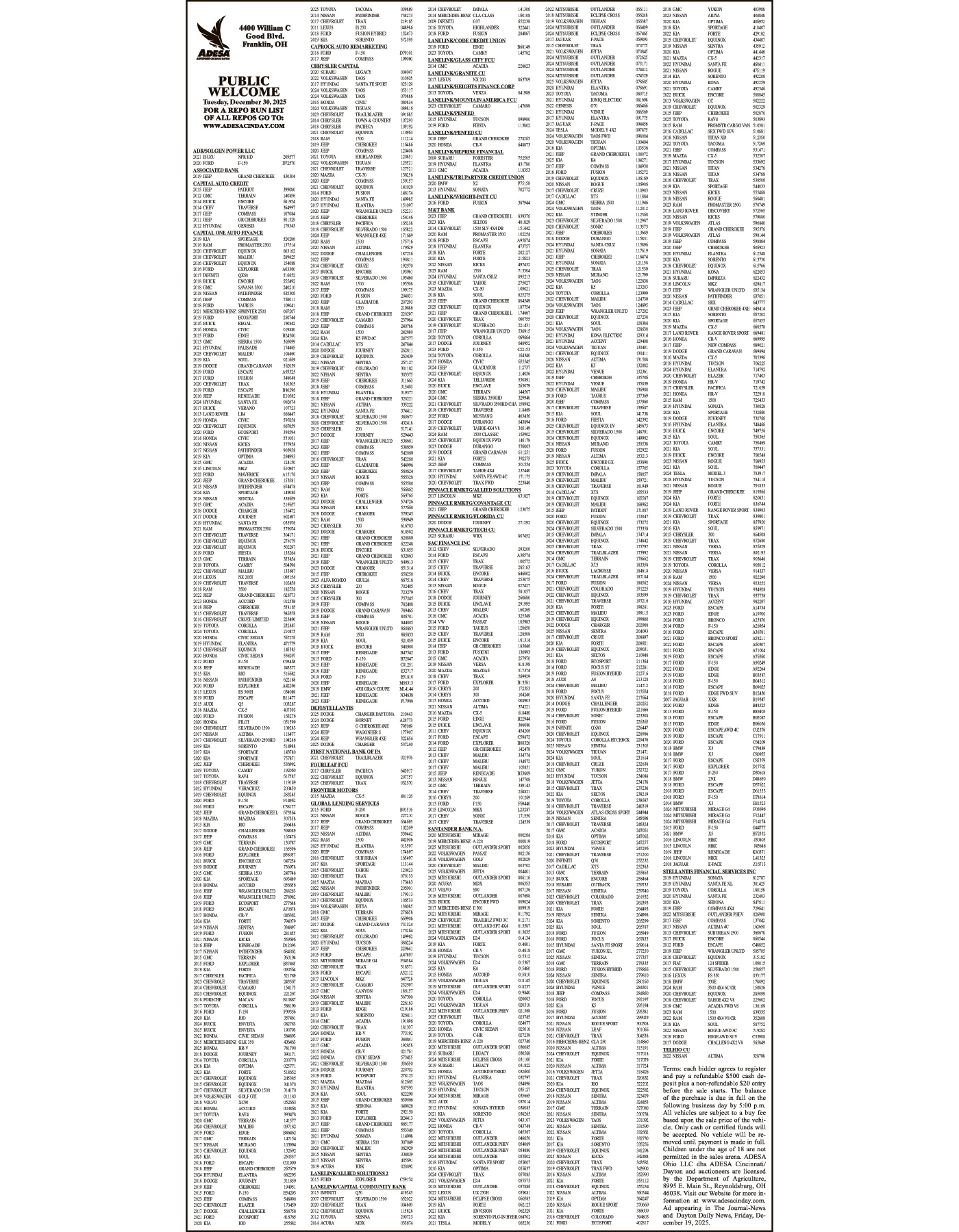 Legal Notice - ADESA DECEMBER 30 SALE