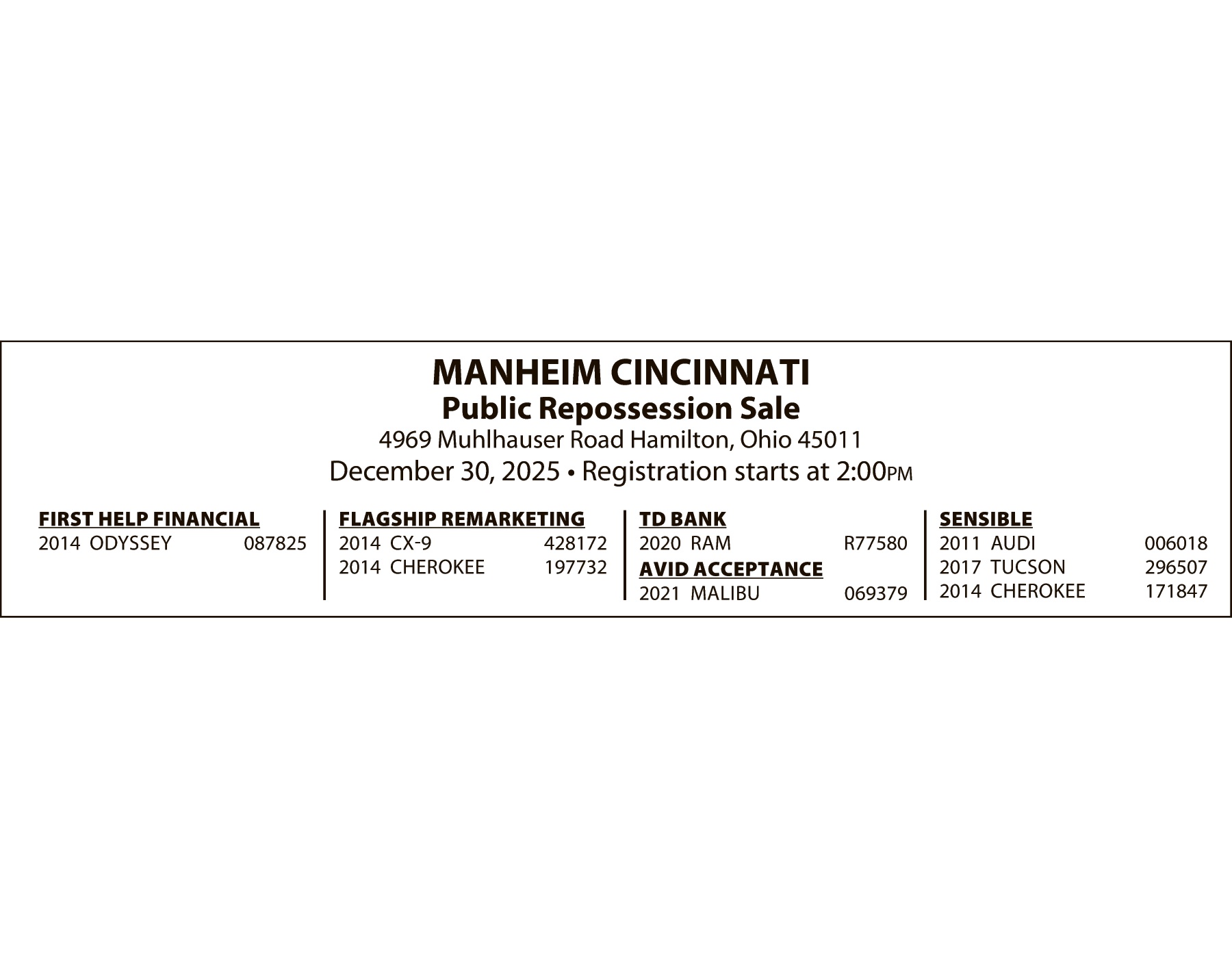 Legal Notice - MANHEIM DECEMBER 30 SALE