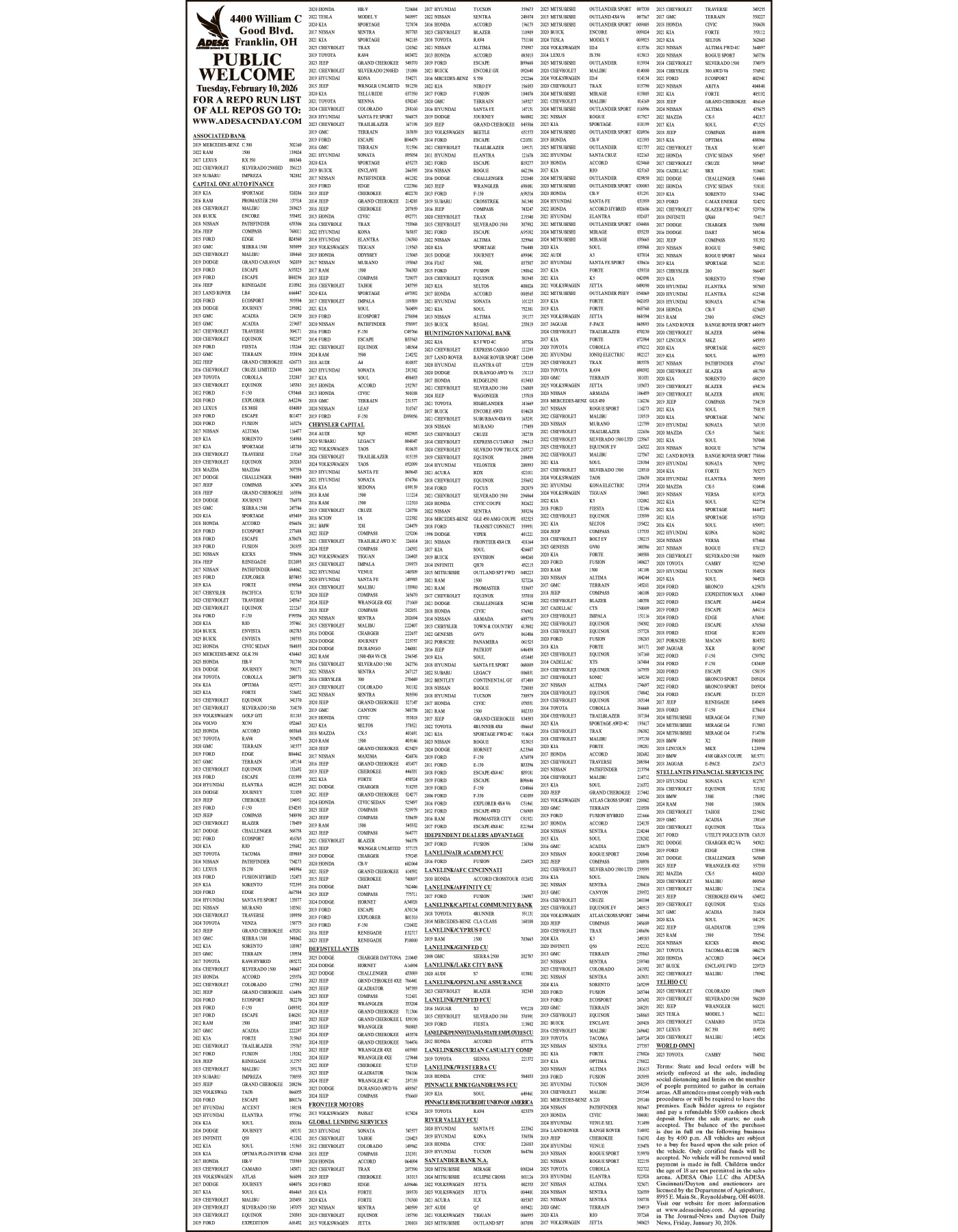 Legal Notice - ADESA FEBRUARY 10 SALE