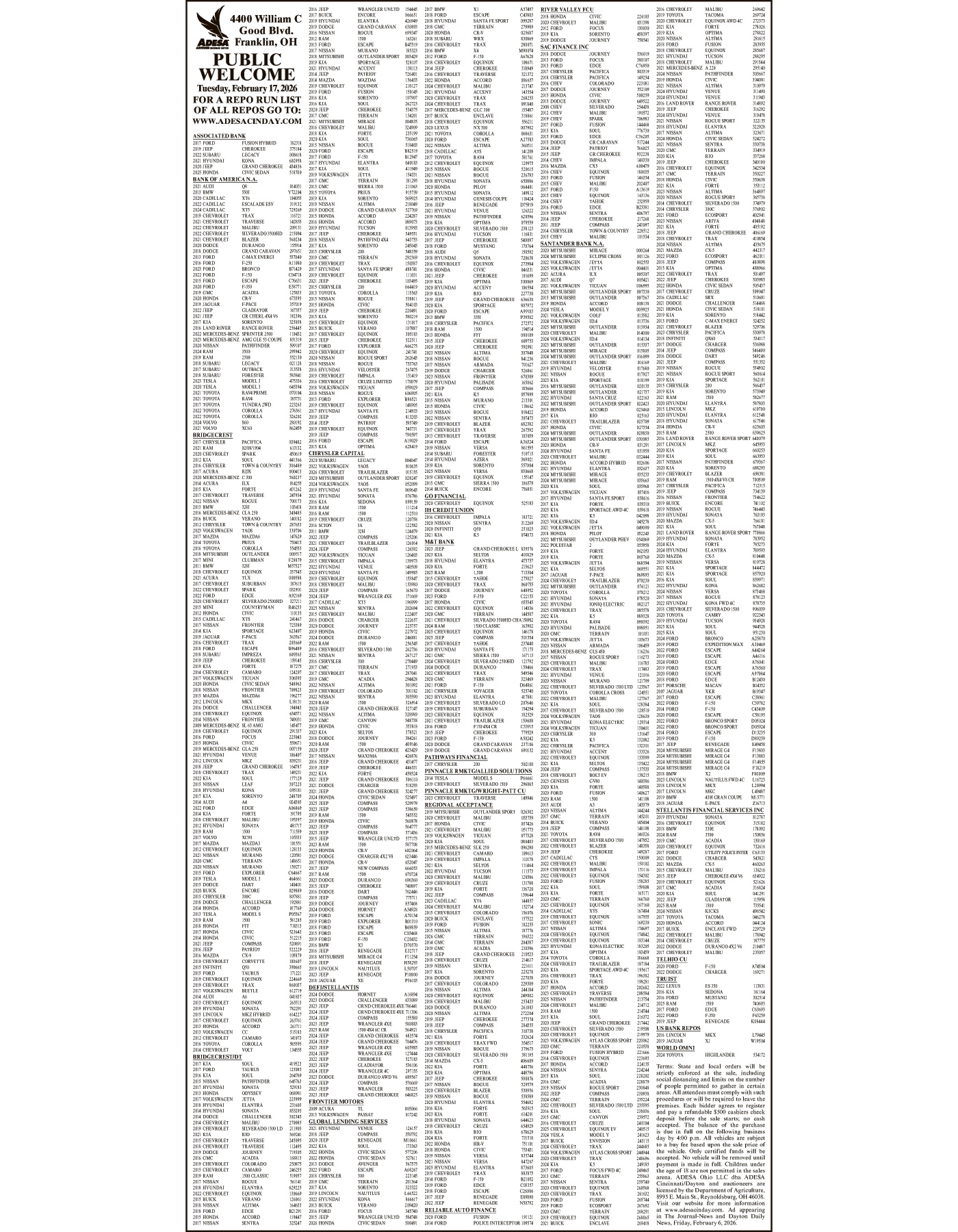Legal Notice - ADESA FEBRUARY 17 SALE
