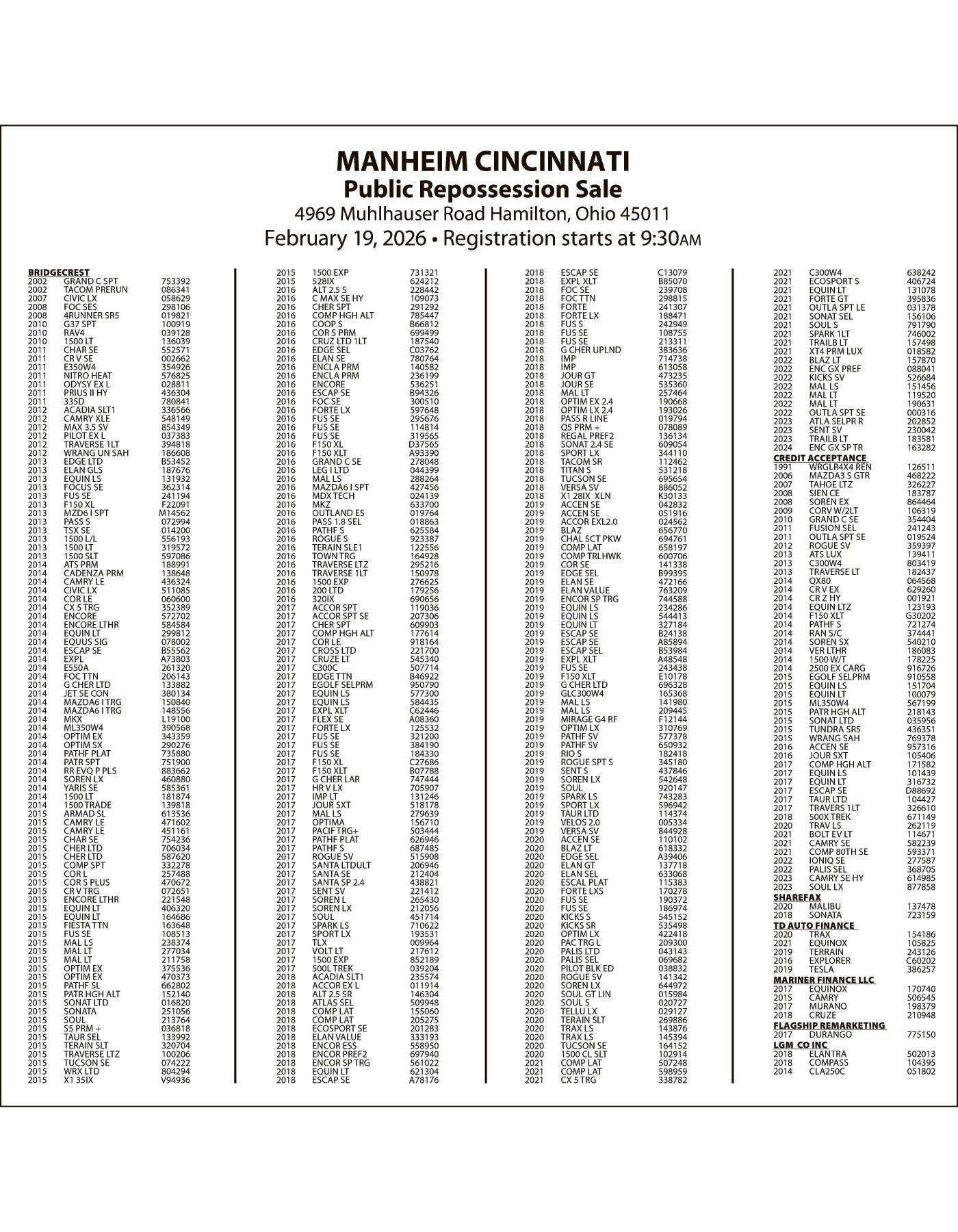 Legal Notice - MANHEIM FEBRUARY 19 SALE