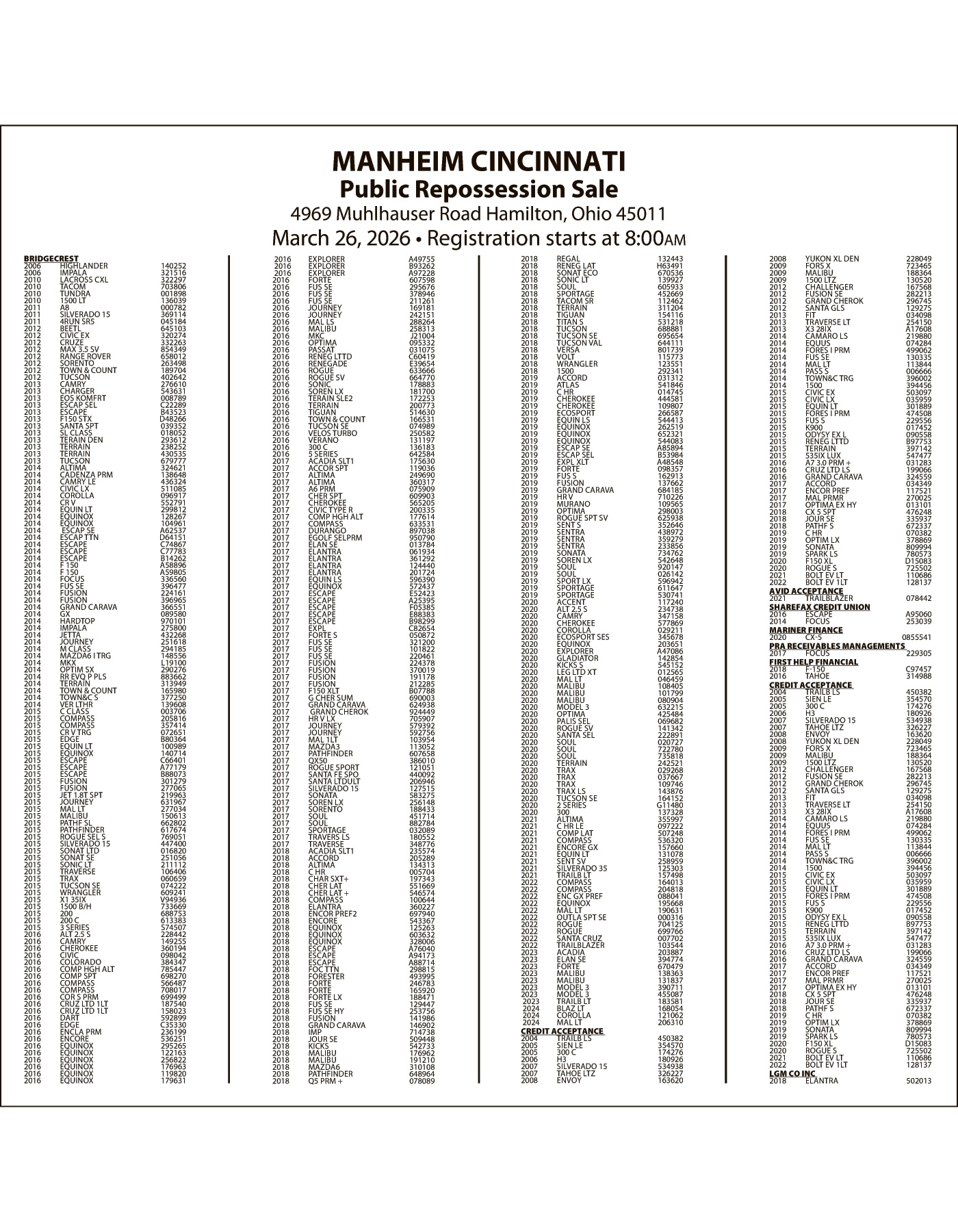 Legal Notice - MANHEIM MARCH 26 SALE