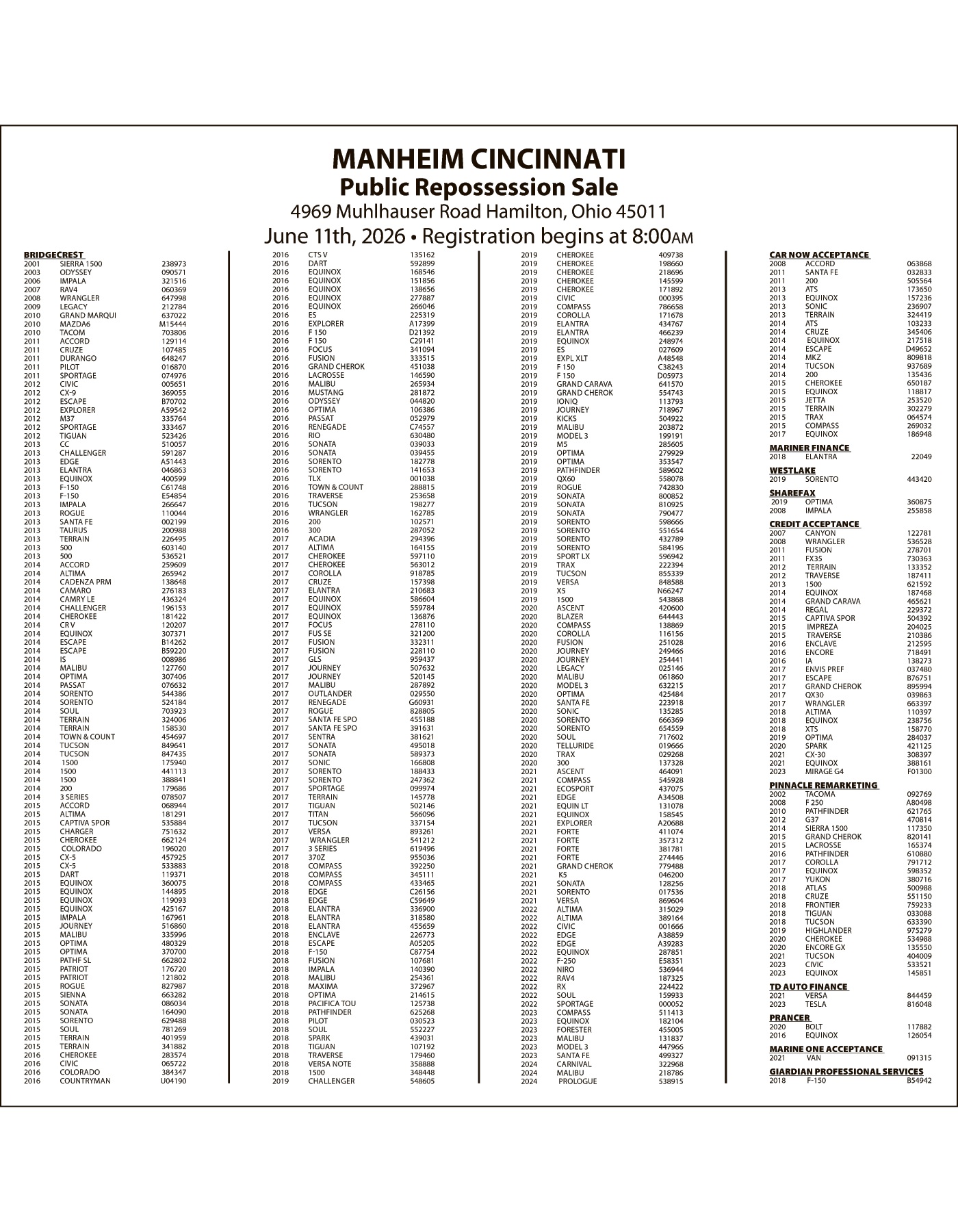 Legal Notice - MANHEIM JUNE 11 SALE DATE